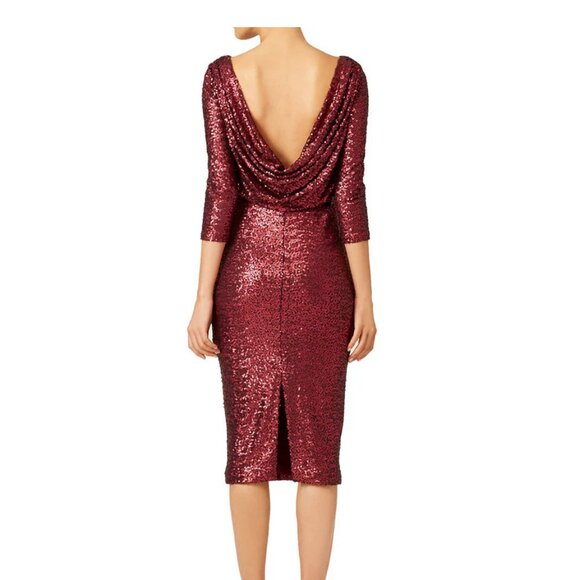 Badgley Mischka Collection Cowl Back Full Sequin Burgundy Holiday Dress - Picture 2 of 6